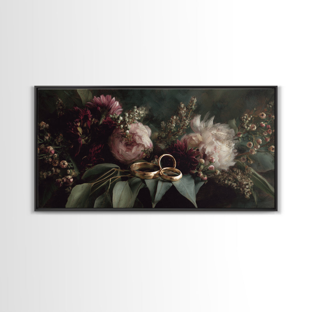 Gold Rings Resting on Velvet and Flowers Framed Canvas Print, Wedding Art, Personalized Art, Living Room Decor, Oil Painting, WED-2x1-95