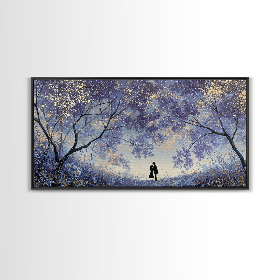Couple Silhouette Beneath Moonlit Trees Framed Canvas Print, Wedding Art, Wedding Guest Book, Living Room Decor, Romance, WED-2x1-97