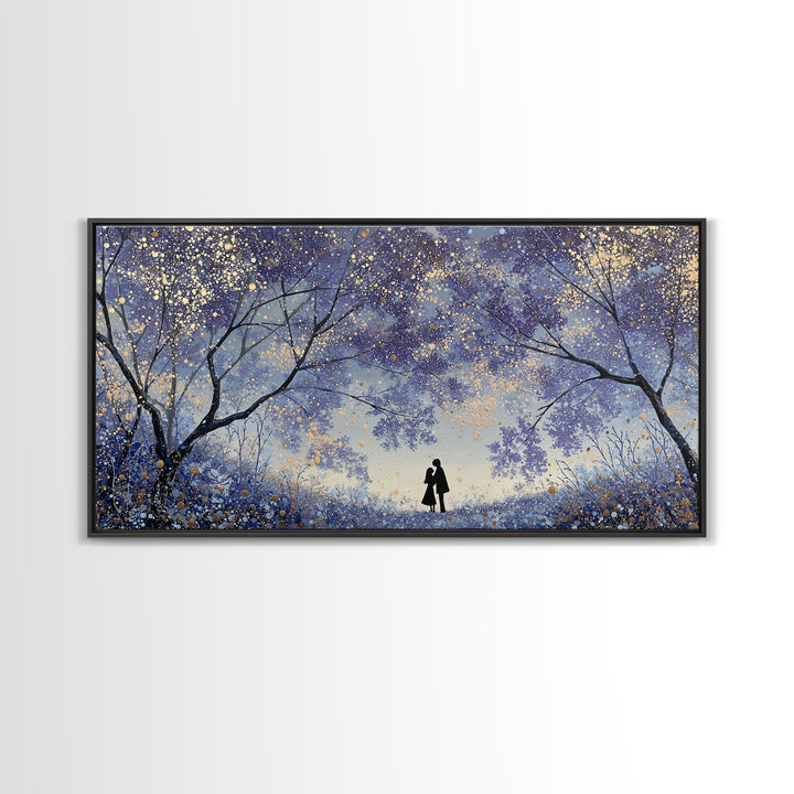 Couple Silhouette Beneath Moonlit Trees Framed Canvas Print, Wedding Art, Wedding Guest Book, Living Room Decor, Romance, WED-2x1-97