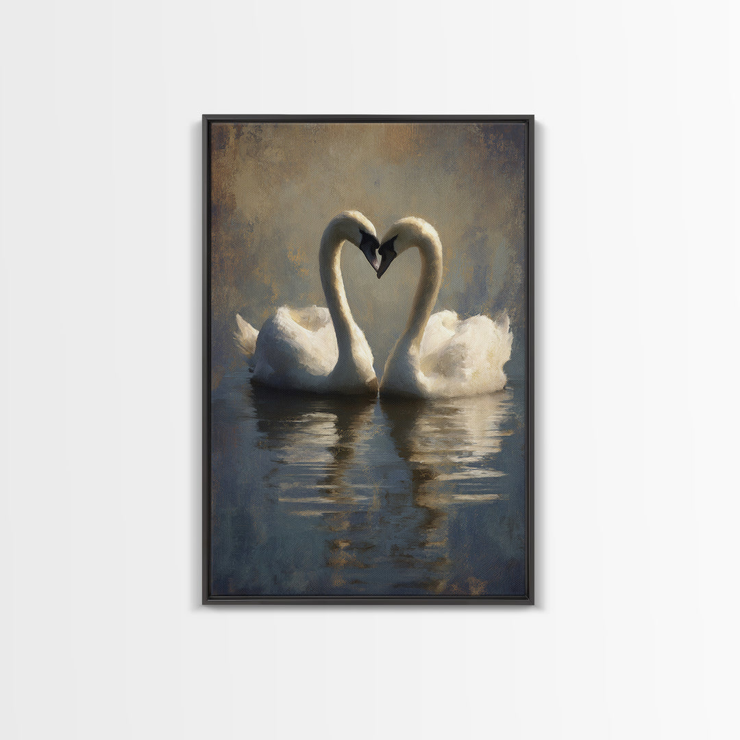 Two Swans Forming a Heart on Dark Canvas Print, Wedding Art, Wall Decor, Living Room Decor, Fine Art, Romance, Wedding Gift, WED-2x3-10