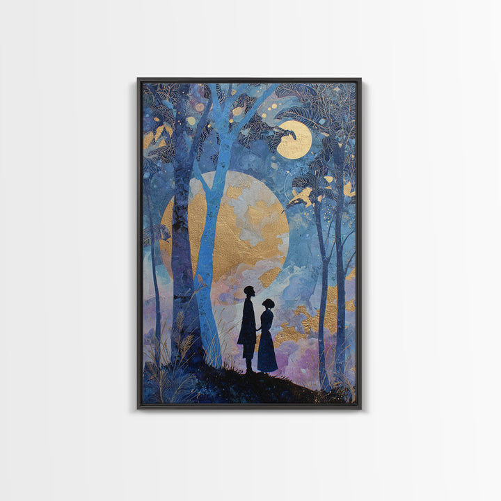 Couple Silhouette Beneath Moonlit Trees Framed Canvas Print, Wedding Art, Room Decor, Living Room Decor, Fine Art, Romance, WED-2x3-13