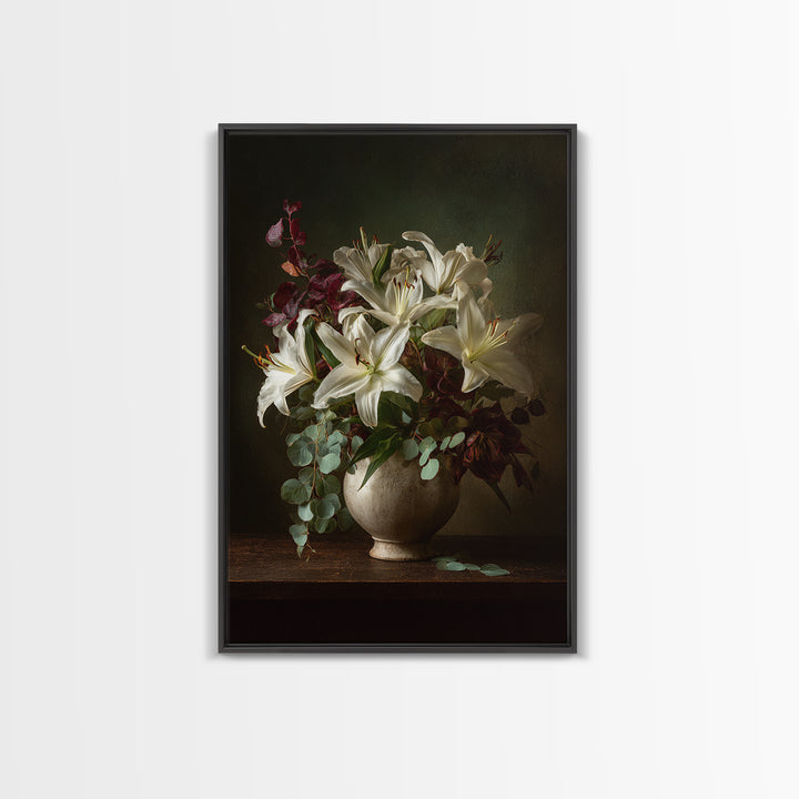 White Lilies and Eucalyptus Arrangement Framed Canvas Print, Wedding Art, Living Room Decor, Abstract Art, Romance, WED-2x3-17