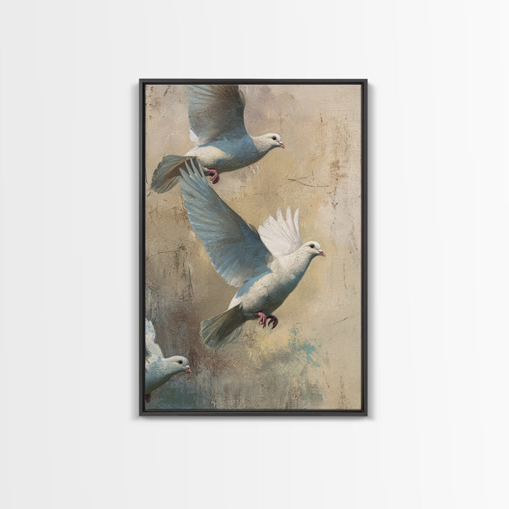 Doves Flying Through Soft Golden Light Framed Canvas Print, Wedding Art, Bride and Groom, Living Room Decor, Fine Art, Romance, WED-2x3-19