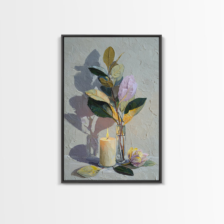 Romantic Candle and Floral Still Life Framed Canvas Print, Wedding Art, Gallery Decor, Living Room Decor, Oil Painting, Romance, WED-2x3-30