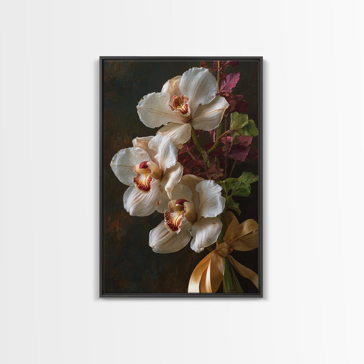 White Orchid and Gold Ribbon Composition Canvas Print, Wedding Art, Downloadable Art, Living Room Decor, Fine Art, Romance, WED-2x3-32