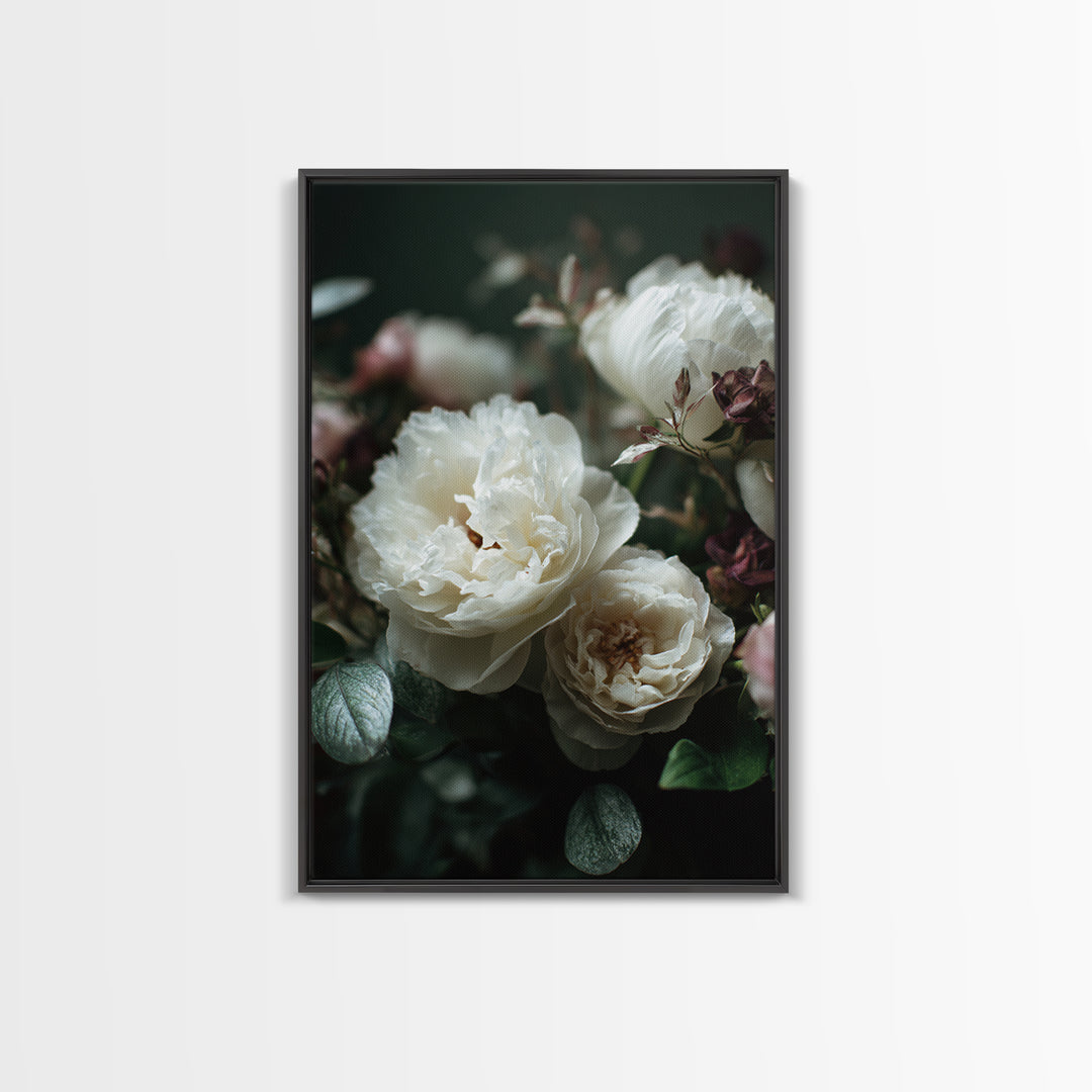 Romantic Bouquet of White Roses and Peonies Framed Canvas Print, Wedding Art, Art, Living Room Decor, Watercolor Art, Romance, WED-2x3-33