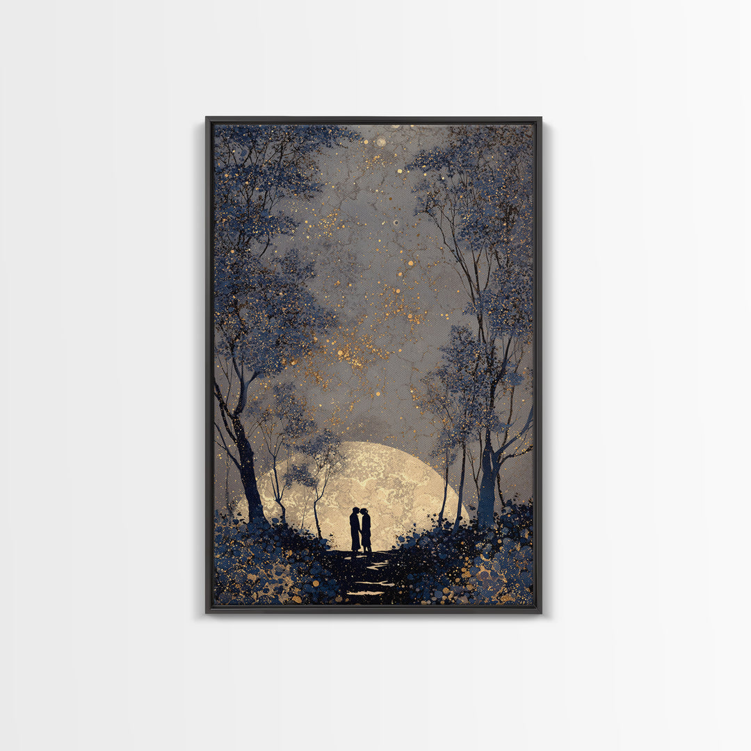 Couple Silhouette Beneath Moonlit Trees Framed Canvas Print, Wedding Art, Room Decor, Living Room Decor, Fine Art, Romance, WED-2x3-37