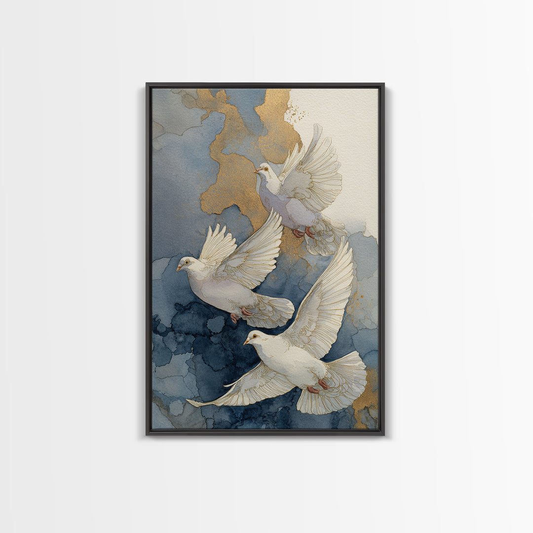 Doves Flying Through Soft Golden Light Framed Canvas Print, Wedding Art, Wall Decor, Living Room Decor, Fine Art, Romance, WED-2x3-43