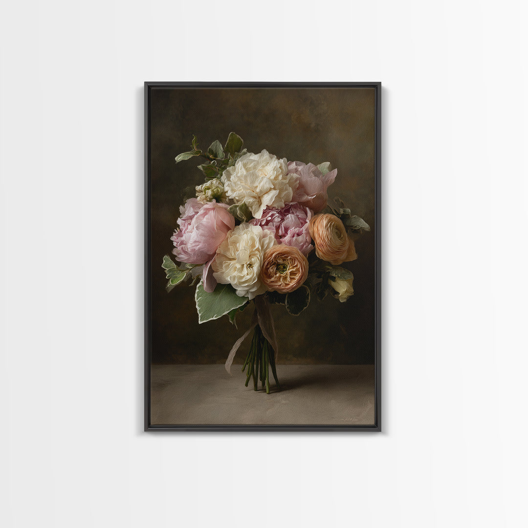 Peony and Ranunculus Bouquet Framed Canvas Print, Wedding Art, Personalized Wedding, Living Room Decor, Fine Art, Romance, WED-2x3-52