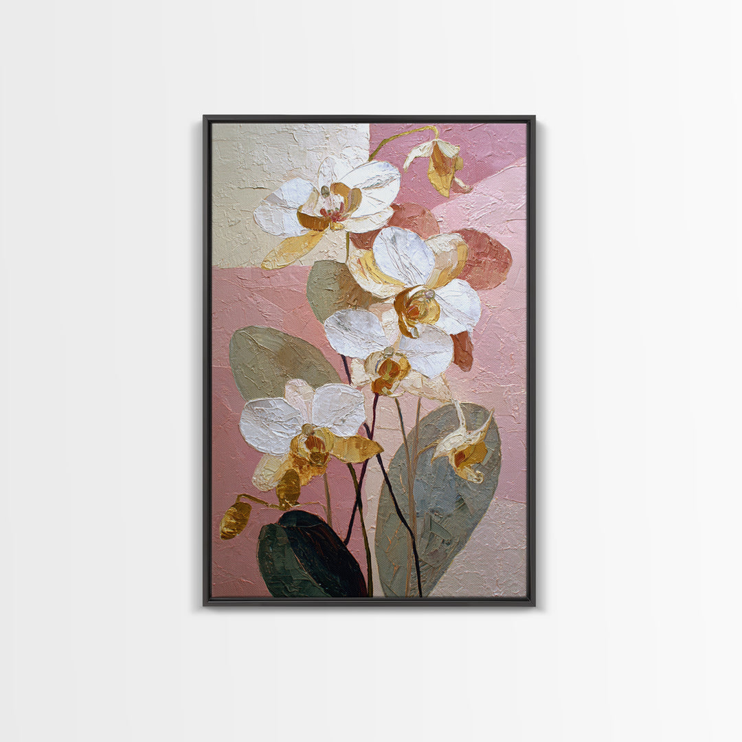 White Orchid and Gold Ribbon Composition Framed Canvas Print, Wedding Art, Wedding Reception, Living Room Decor, Abstract Art, WED-2x3-56
