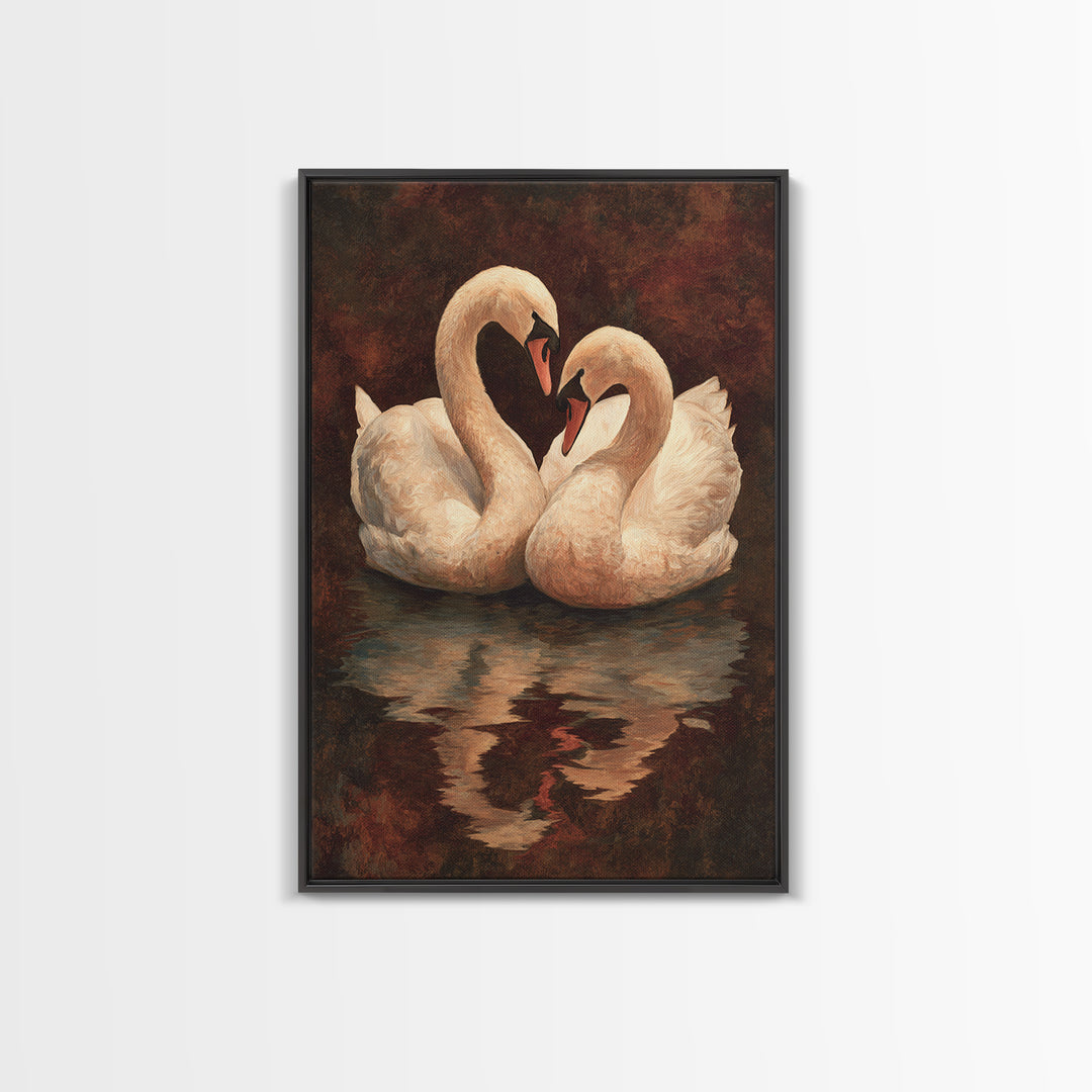 Two Swans Forming a Heart on Dark Canvas Print, Wedding Art, Contemporary Art, Living Room Decor, Fine Art, Romance, Custom Art, WED-2x3-58
