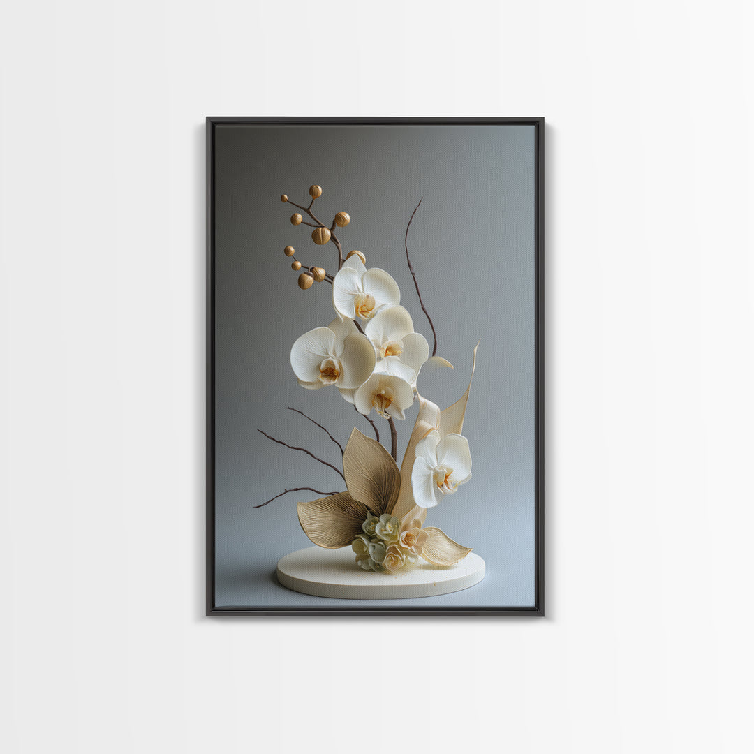 White Orchid and Gold Ribbon Composition Framed Canvas Print, Wedding Art, Custom Art, Living Room Decor, Oil Painting, Romance, WED-2x3-8