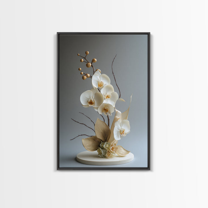 White Orchid and Gold Ribbon Composition Framed Canvas Print, Wedding Art, Custom Art, Living Room Decor, Oil Painting, Romance, WED-2x3-8