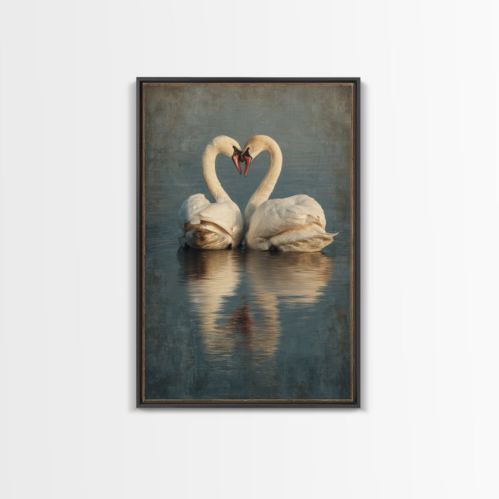 Two Swans Forming a Heart on Dark Canvas Print, Wedding Art, Contemporary Art, Living Room Decor, Fine Art, Romance, Custom Art, WED-2x3-82