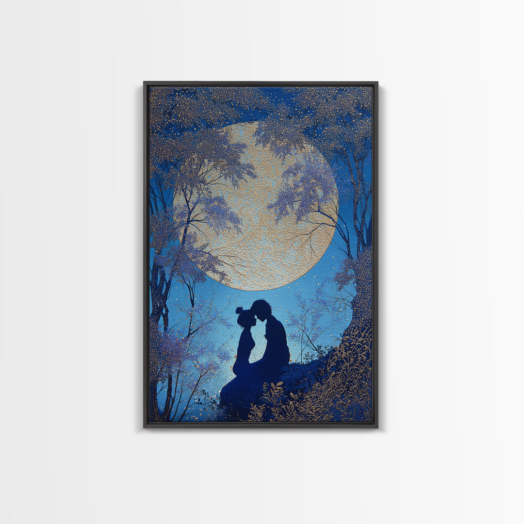 Couple Silhouette Beneath Moonlit Trees Framed Canvas Print, Wedding Art, Wedding Sign, Living Room Decor, Fine Art, Romance, WED-2x3-85
