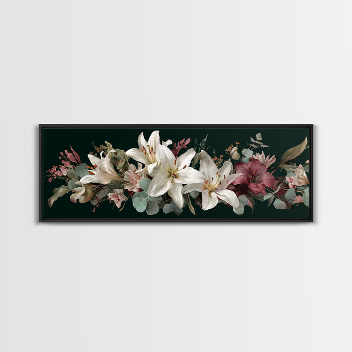 White Lilies and Eucalyptus Arrangement Framed Canvas Print, Wedding Art, Wedding Sign, Living Room Decor, Fine Art, Romance, WED-3x1-1