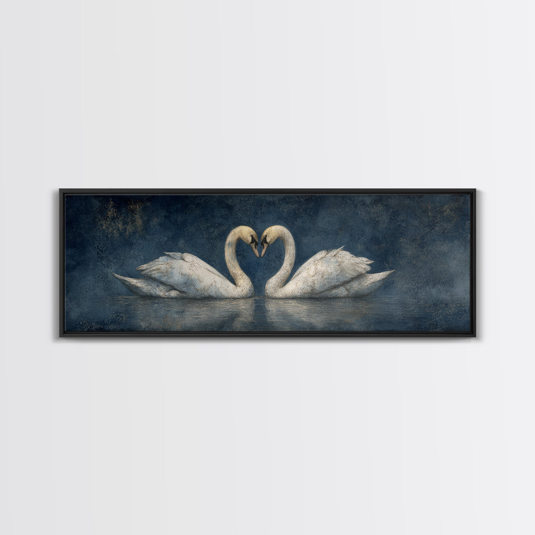 Two Swans Forming a Heart on Dark Framed Canvas Print, Wedding Art, Custom Portrait, Living Room Decor, Fine Art, Romance, WED-3x1-18