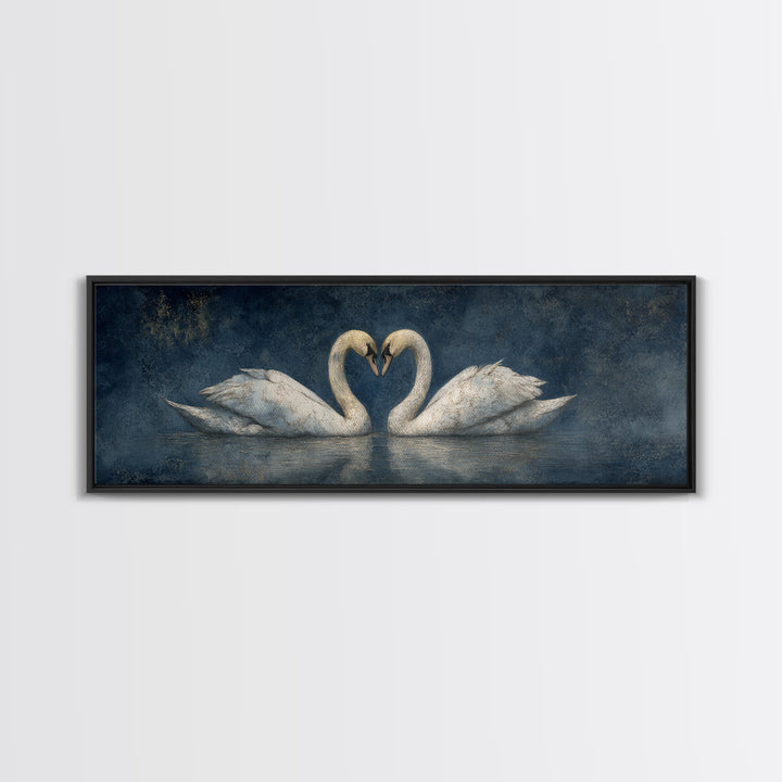 Two Swans Forming a Heart on Dark Framed Canvas Print, Wedding Art, Custom Portrait, Living Room Decor, Fine Art, Romance, WED-3x1-18