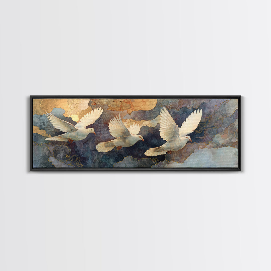 Doves Flying Through Soft Golden Light Framed Canvas Print, Wedding Art, Neutral Decor, Living Room Decor, Fine Art, Romance, WED-3x1-27