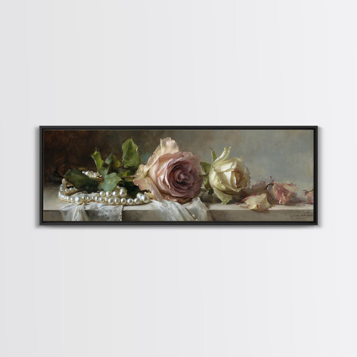 Pearl Necklace and Rose Still Life Framed Canvas Print, Wedding Art, Wedding Painting, Living Room Decor, Oil Painting, Romance, WED-3x1-28