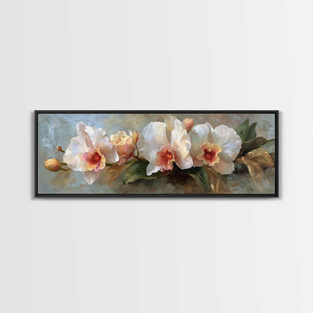 White Orchid and Gold Ribbon Composition Canvas Print, Wedding Art, Wedding Stationery, Living Room Decor, Fine Art, Romance, WED-3x1-40