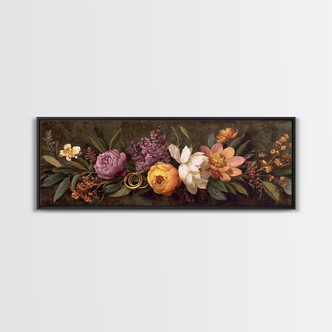 Gold Rings Resting on Velvet and Flowers Canvas Print, Wedding Art, Minimalist Decor, Living Room Decor, Fine Art, Romance, WED-3x1-43