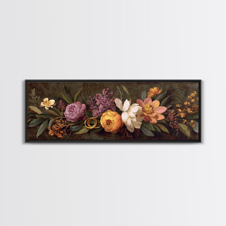 Gold Rings Resting on Velvet and Flowers Canvas Print, Wedding Art, Minimalist Decor, Living Room Decor, Fine Art, Romance, WED-3x1-43