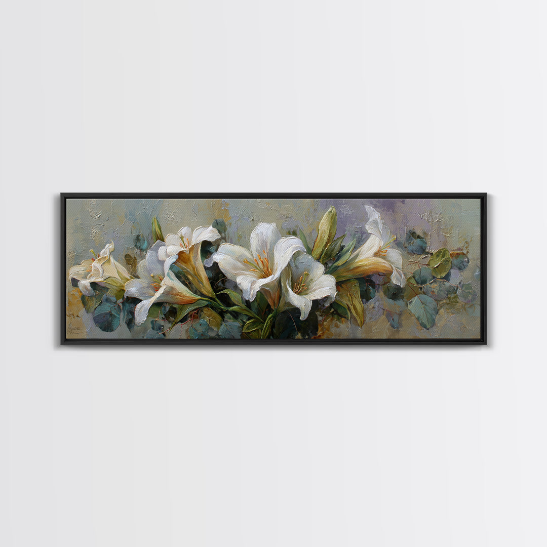 White Lilies and Eucalyptus Arrangement Canvas Print, Wedding Art, Custom Wedding Gift, Living Room Decor, Abstract Art, WED-3x1-49