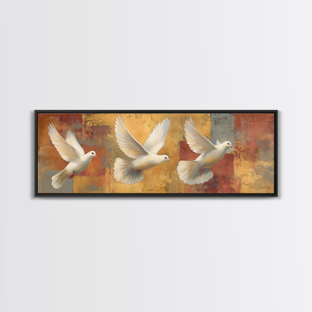 Doves Flying Through Soft Golden Light Framed Canvas Print, Wedding Art, Art, Living Room Decor, Romance, Custom Wedding Gift, WED-3x1-51