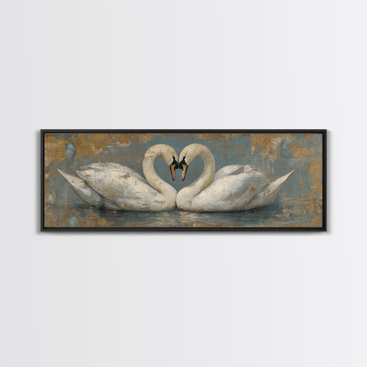 Two Swans Forming a Heart on Dark Canvas Print, Wedding Art, Printable Art, Living Room Decor, Fine Art, Romance, Beach Wedding, WED-3x1-66