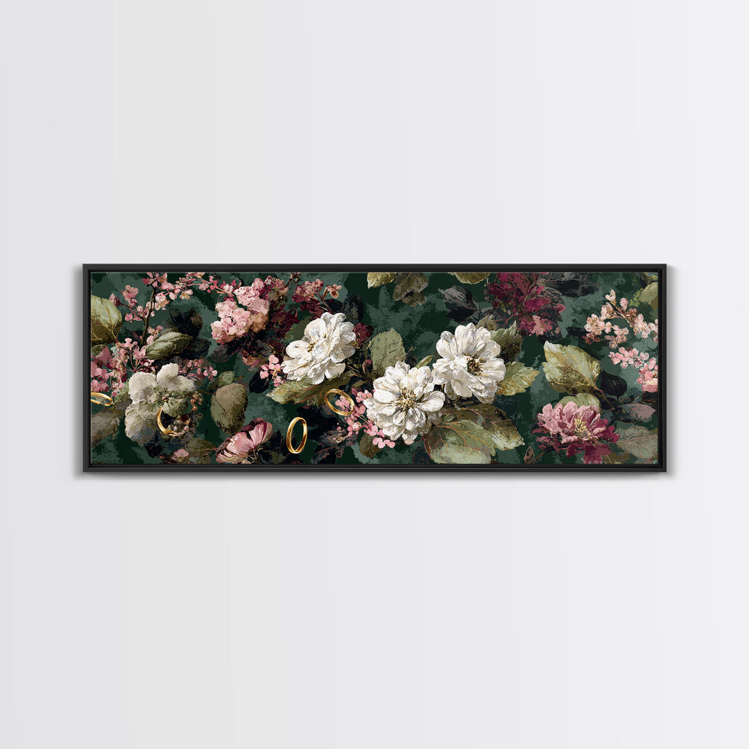 Gold Rings Resting on Velvet and Flowers Framed Canvas Print, Wedding Art, Custom Portrait, Living Room Decor, Romance, WED-3x1-67