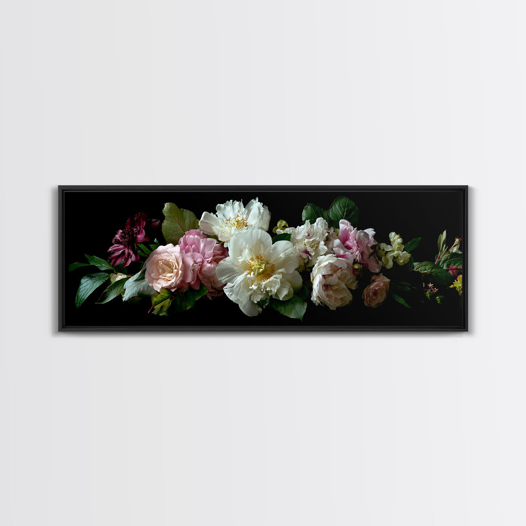 Romantic Bouquet of White Roses and Peonies Framed Canvas Print, Wedding Art, Beach Wedding, Living Room Decor, Oil Painting, WED-3x1-89