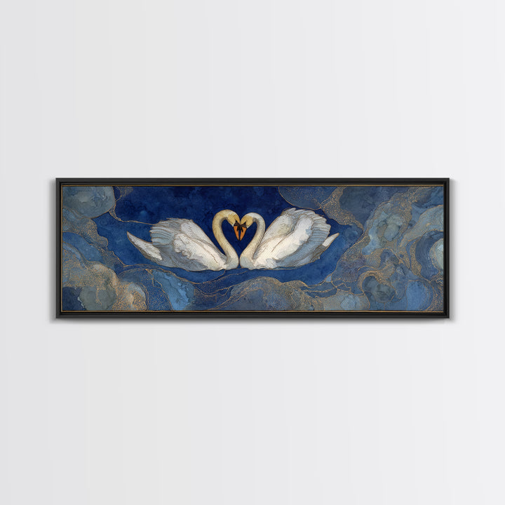 Two Swans Forming a Heart on Dark Framed Canvas Print, Wedding Art, Jewish Art, Living Room Decor, Fine Art, Romance, WED-3x1-90