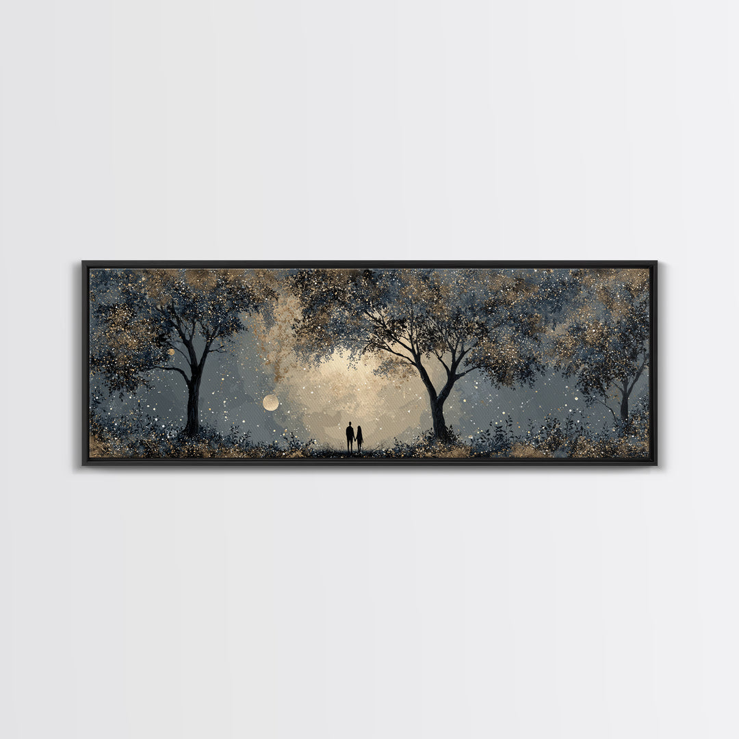 Couple Silhouette Beneath Moonlit Trees Canvas Print, Wedding Art, Wedding Reception, Living Room Decor, Fine Art, Romance, WED-3x1-93