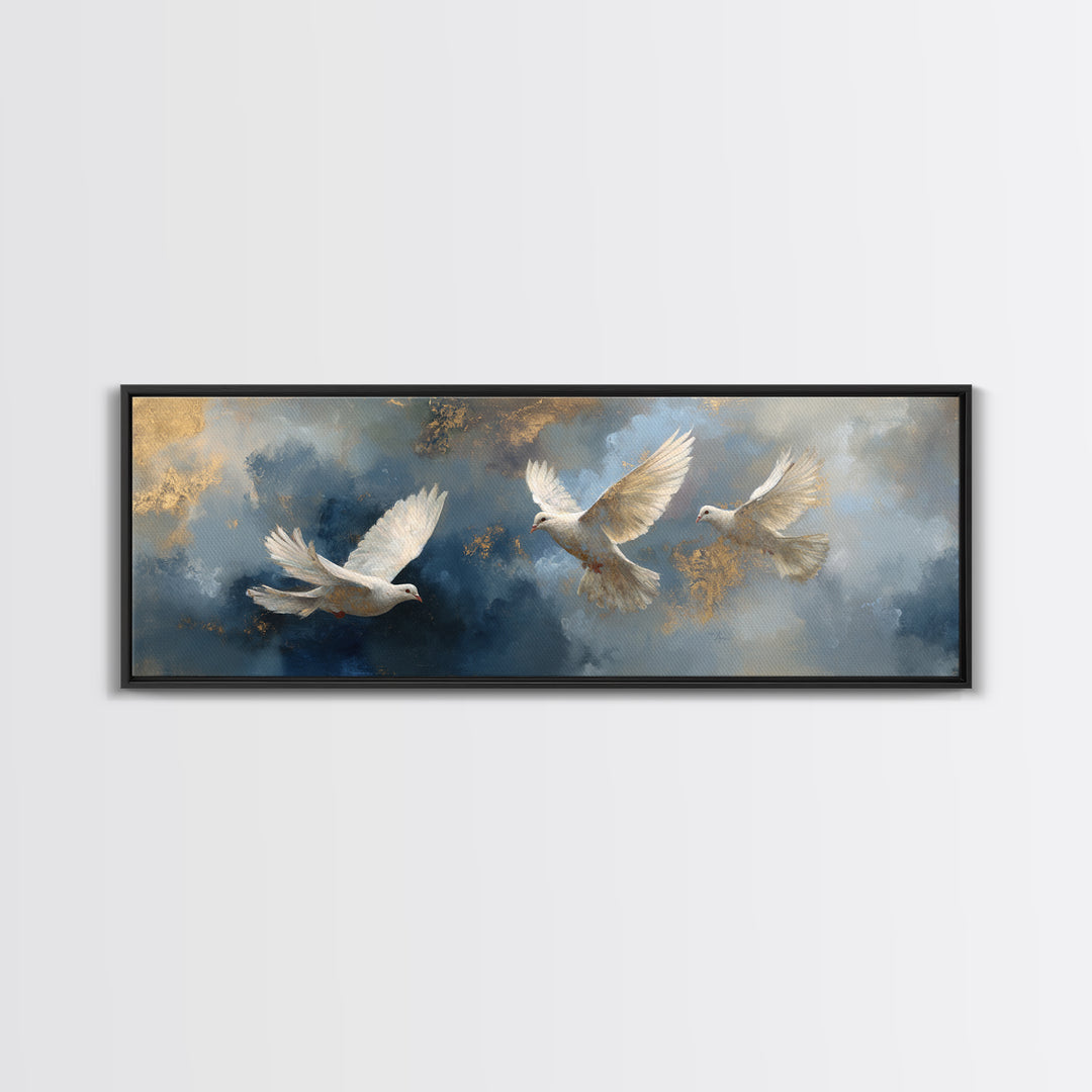 Doves Flying Through Soft Golden Light Framed Canvas Print, Wedding Art, Gallery Decor, Living Room Decor, Fine Art, Romance, WED-3x1-99
