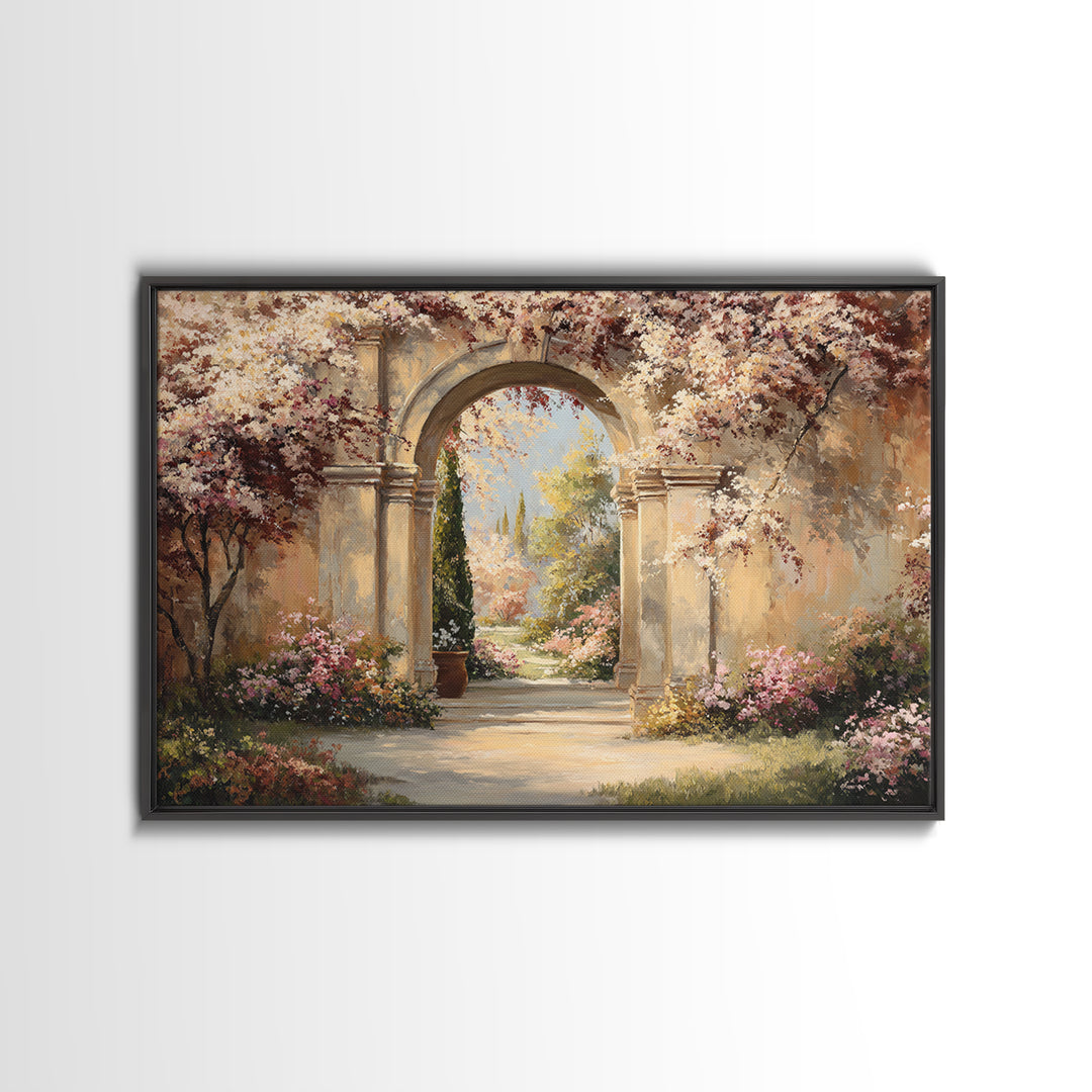 Romantic Garden Arch Covered Framed Canvas Print, Wedding Art, Wedding, Living Room Decor, Oil Painting, Romance, WED-3x2-14