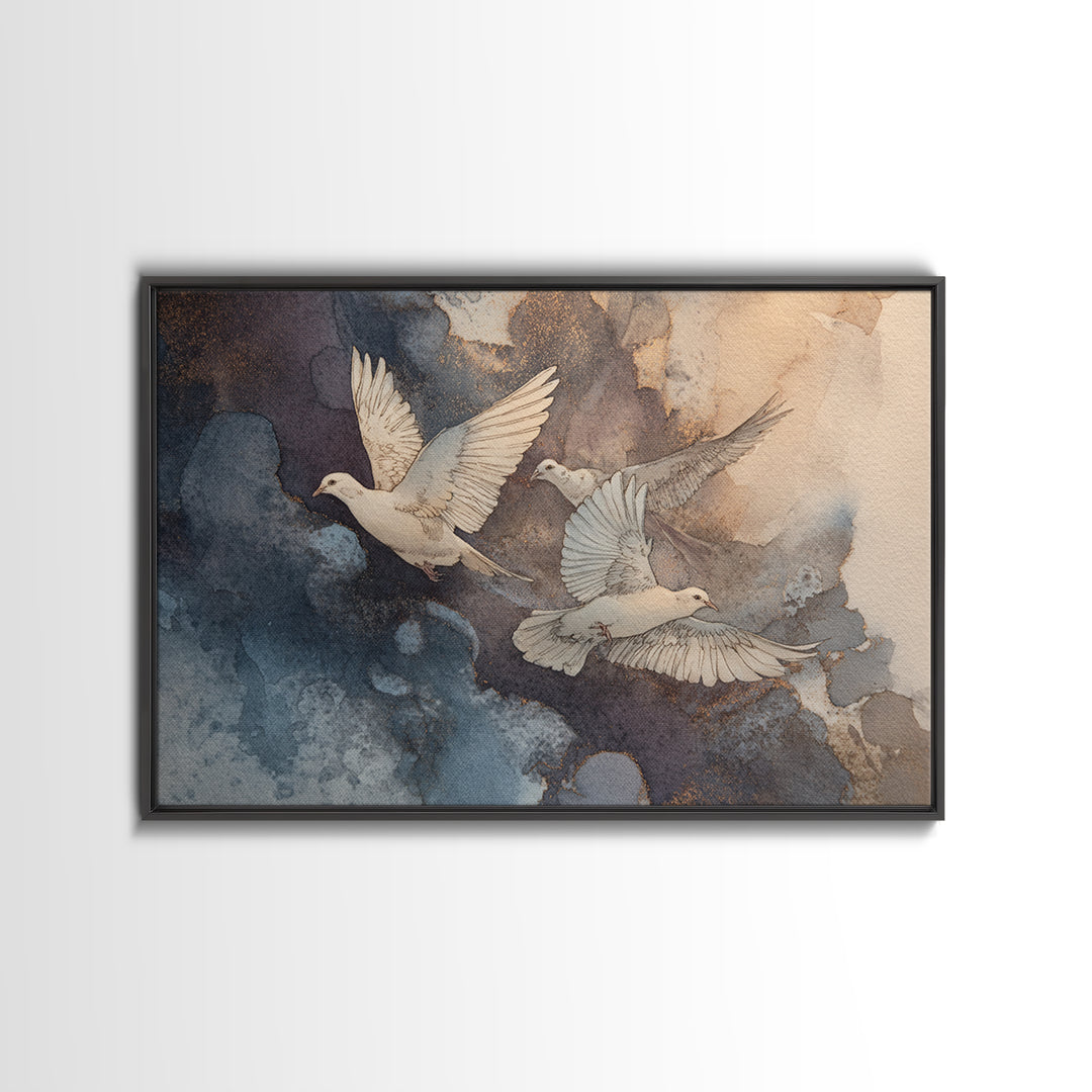 Doves Flying Through Soft Golden Light Framed Canvas Print, Wedding Art, Minimalist Decor, Living Room Decor, Fine Art, Romance, WED-3x2-15
