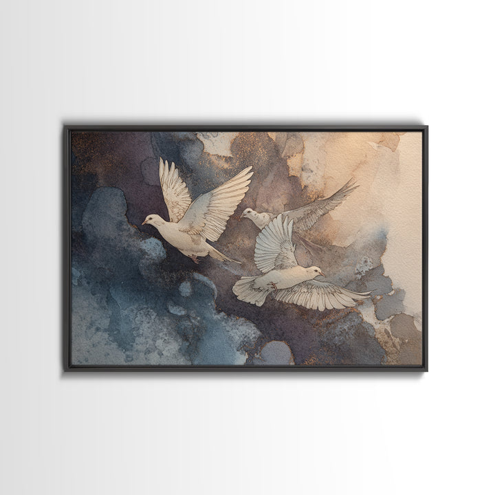 Doves Flying Through Soft Golden Light Framed Canvas Print, Wedding Art, Minimalist Decor, Living Room Decor, Fine Art, Romance, WED-3x2-15