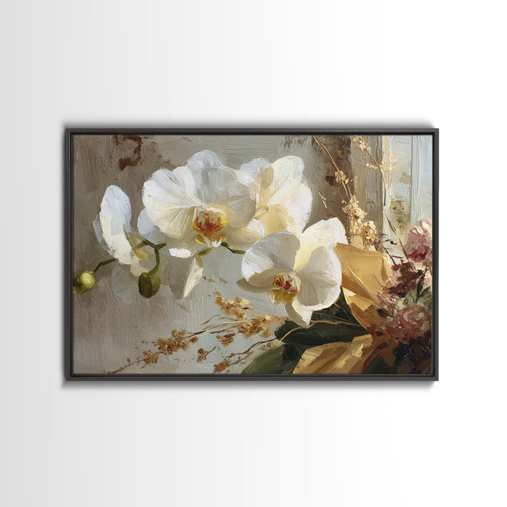 White Orchid and Gold Ribbon Composition Framed Canvas Print, Wedding Art, Wedding, Living Room Decor, Fine Art, Romance, WED-3x2-28