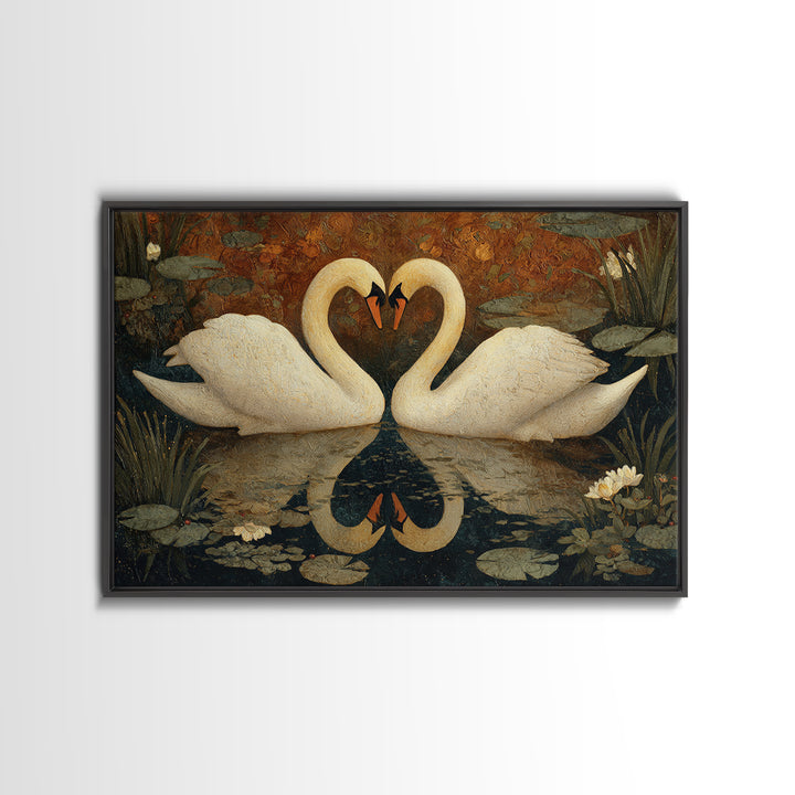 Two Swans Forming a Heart on Dark Canvas Print, Wedding Art, Custom Painting, Living Room Decor, Romance, Wedding Reception, WED-3x2-30