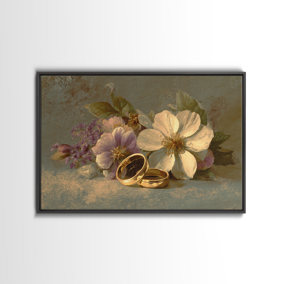 Gold Rings Resting on Velvet and Flowers Framed Canvas Print, Wedding Art, Wedding Guestbook, Living Room Decor, Romance, WED-3x2-31
