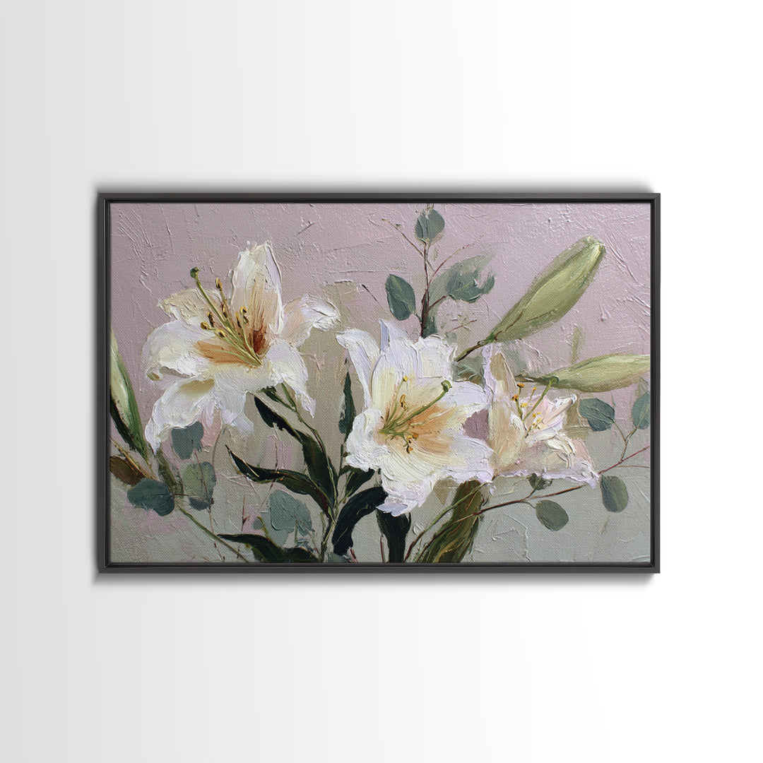 White Lilies and Eucalyptus Arrangement Canvas Print, Wedding Art, Wedding Guestbook, Living Room Decor, Oil Painting, Romance, WED-3x2-37