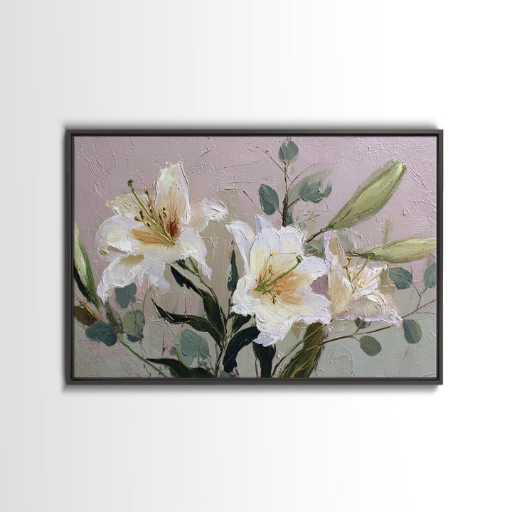 White Lilies and Eucalyptus Arrangement Canvas Print, Wedding Art, Wedding Guestbook, Living Room Decor, Oil Painting, Romance, WED-3x2-37