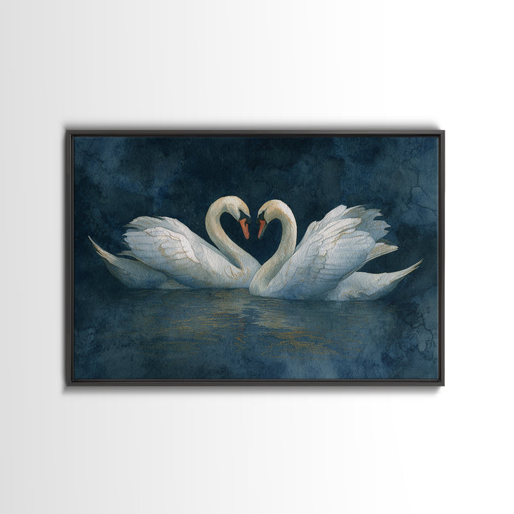 Two Swans Forming a Heart on Dark Framed Canvas Print, Wedding Art, Art Print, Living Room Decor, Romance, Downloadable Art, WED-3x2-6