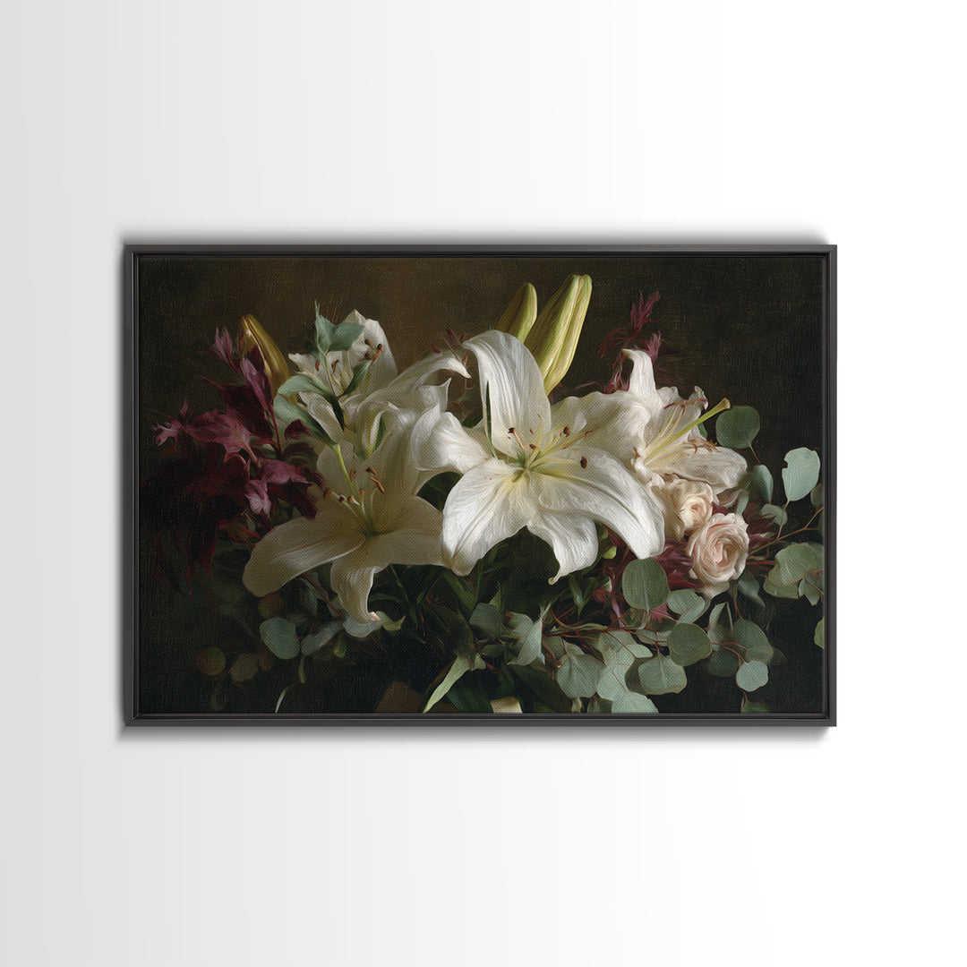 White Lilies and Eucalyptus Arrangement Canvas Print, Wedding Art, Wedding Guestbook, Living Room Decor, Oil Painting, Romance, WED-3x2-61