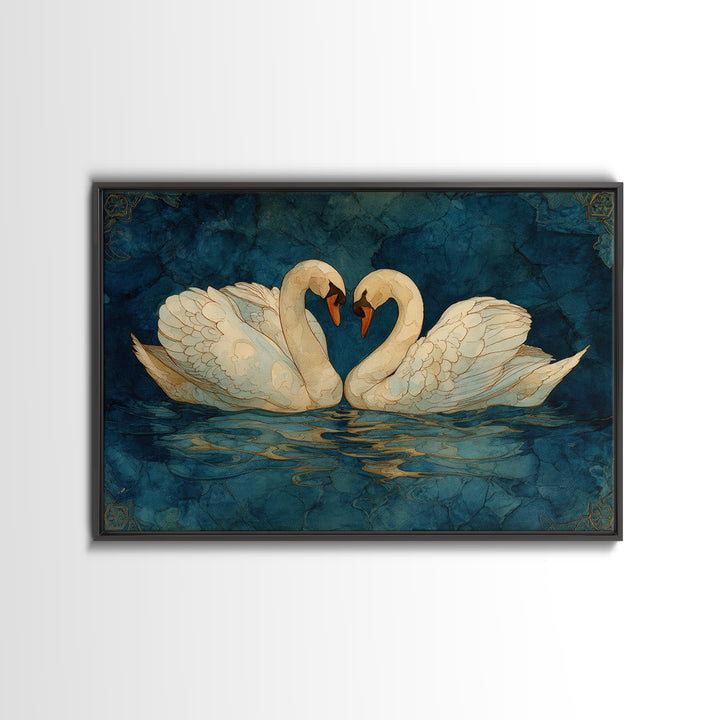 Two Swans Forming a Heart on Dark Framed Canvas Print, Wedding Art, Wedding Decoration, Living Room Decor, Fine Art, Romance, WED-3x2-78