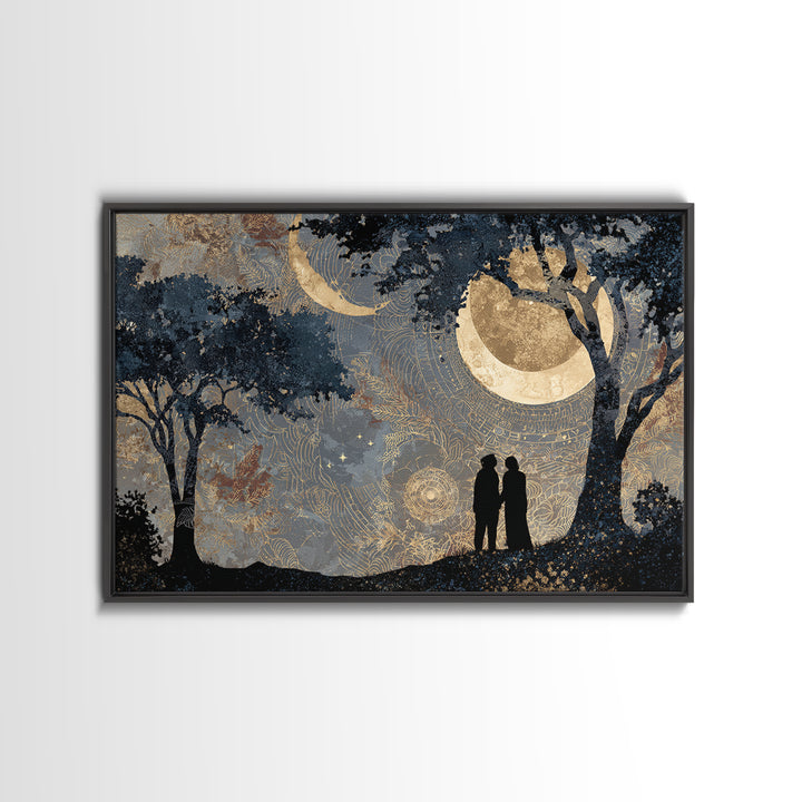 Couple Silhouette Beneath Moonlit Trees Framed Canvas Print, Wedding Art, Wedding Sign, Living Room Decor, Fine Art, Romance, WED-3x2-9