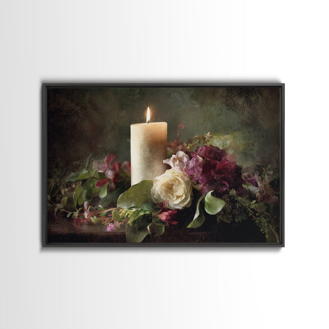 Romantic Candle and Floral Still Life Canvas Print, Wedding Art, Jewish Art, Living Room Decor, Oil Painting, Romance, WED-3x2-98