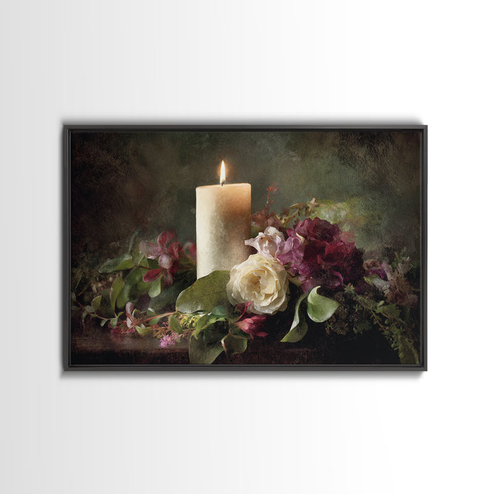 Romantic Candle and Floral Still Life Canvas Print, Wedding Art, Jewish Art, Living Room Decor, Oil Painting, Romance, WED-3x2-98