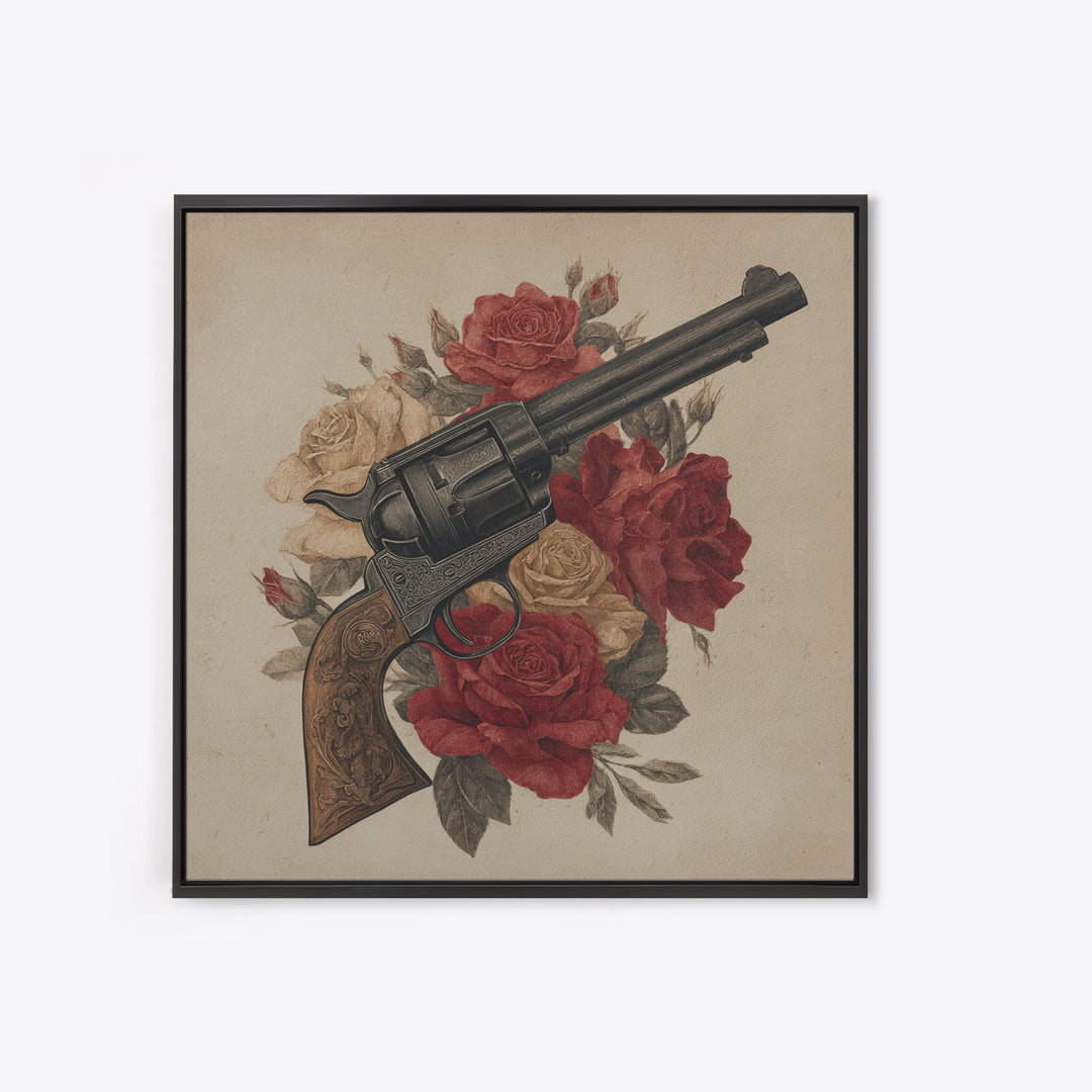 Old Revolver and Roses Canvas Print, Western Art, Landscape Painting, Southwestern Decor, Watercolor Art, Frontier, WES-1x1-19